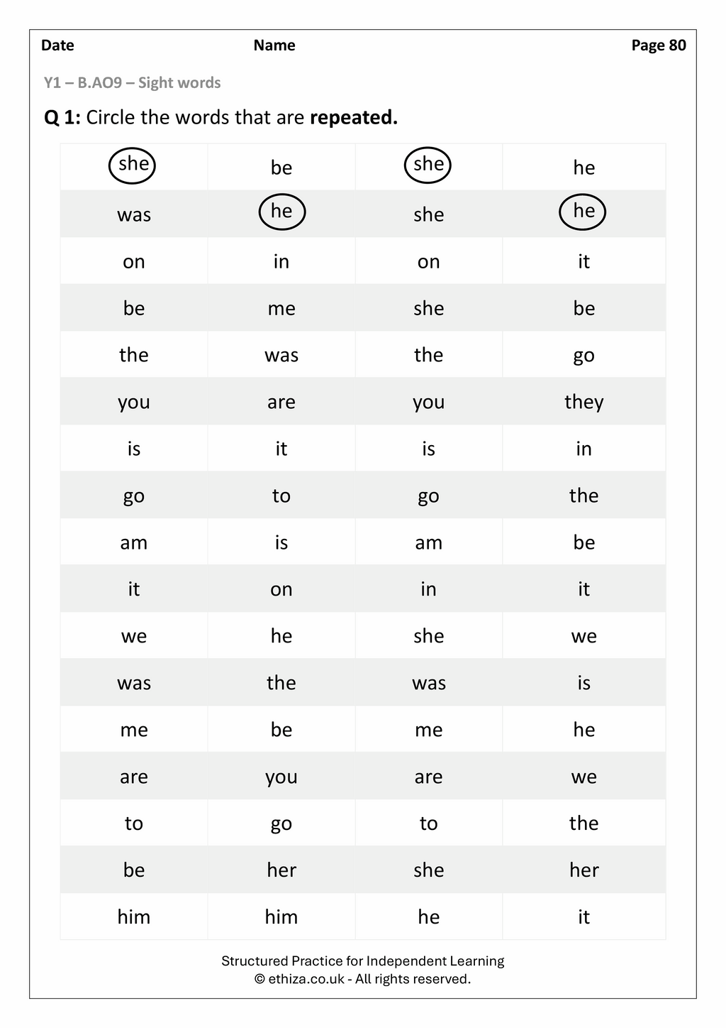 Year 1 English Worksheets