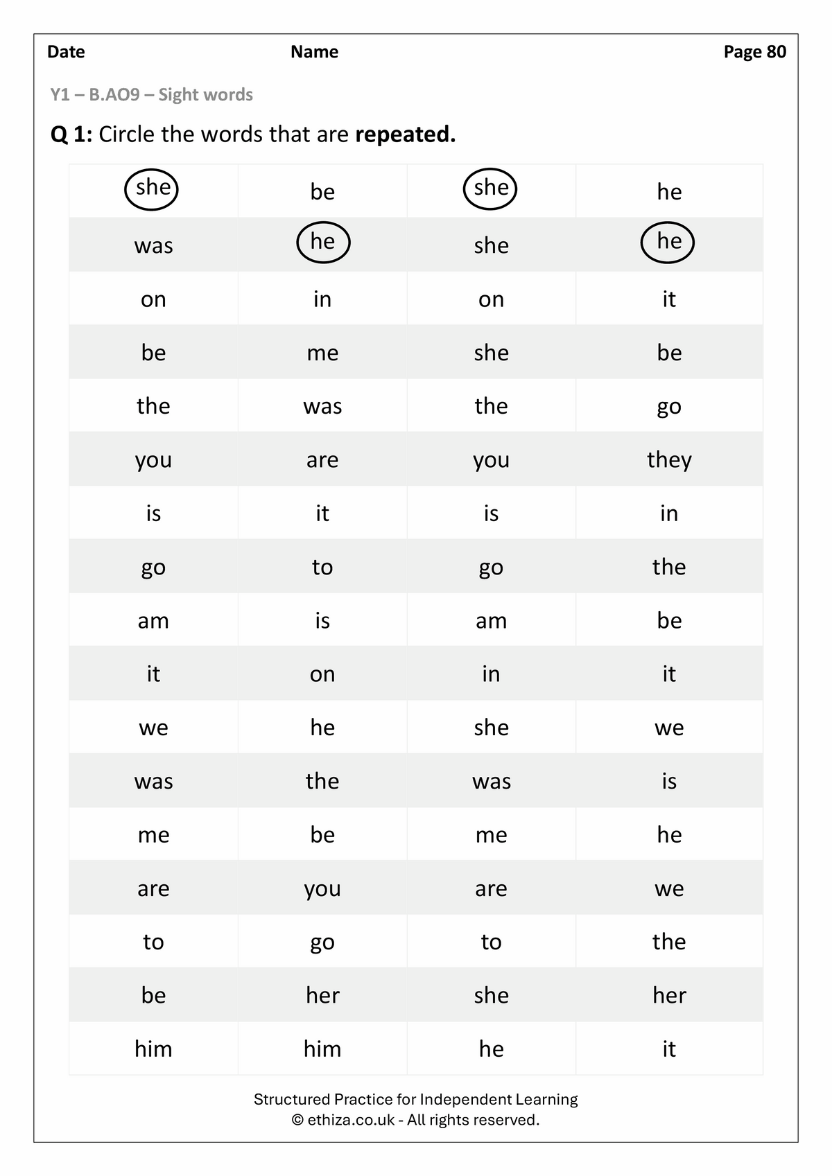 Year 1 English Worksheets